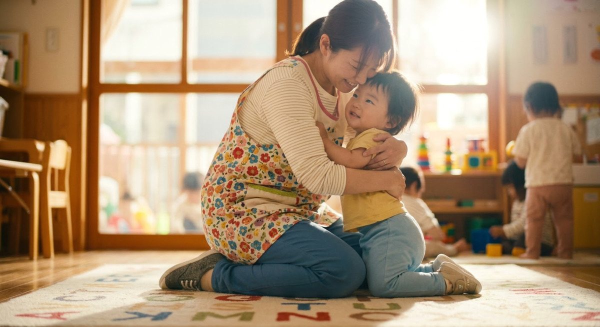 保育室で子どもをやさしく抱きしめる笑顔の保育士